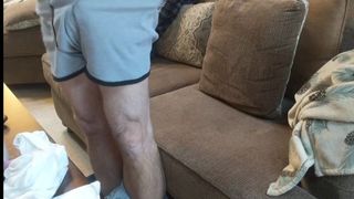 Jacking off and cumming, getting semen stains on the couch