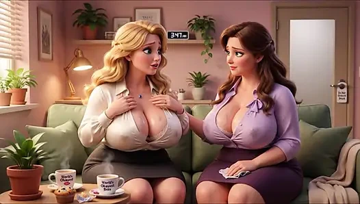 Zwei üppige stillende fantasie-kollegen entlasten sich liebevoll während der privaten büropause, gemütliches zimmer