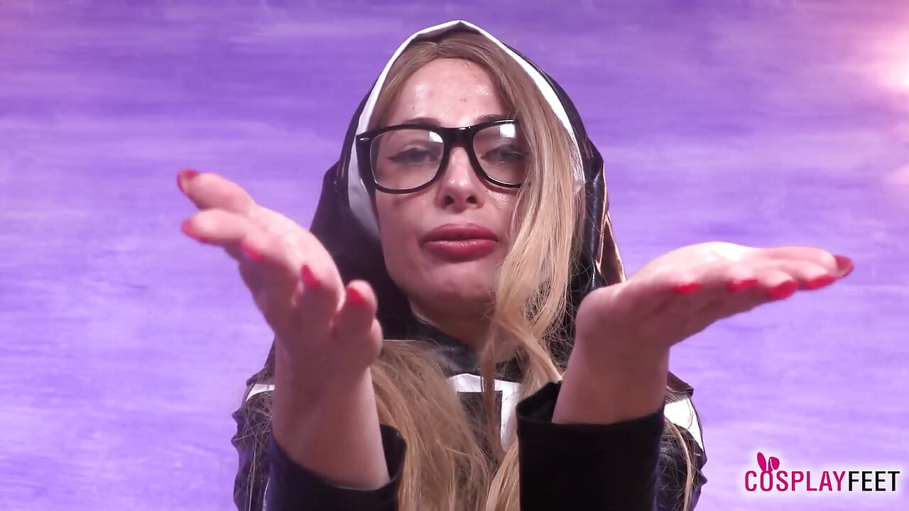 Blonde Bombshell Ania as a Sexy Nun in Black Stockings