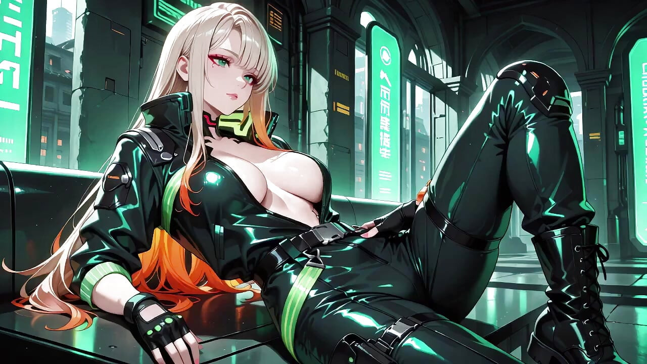Neon Rain Night! Blonde Agent in Wet Leather Crouching Low, Holographic Glow & Cold Glances.