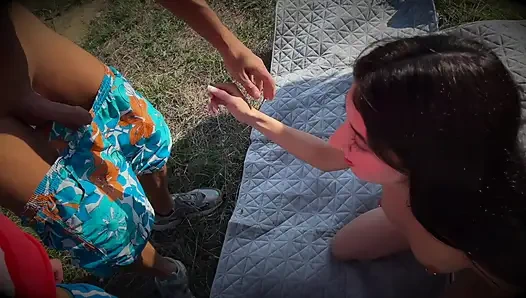 Gangbang for a village girl - a beauty is fucked by three men with a picturesque view