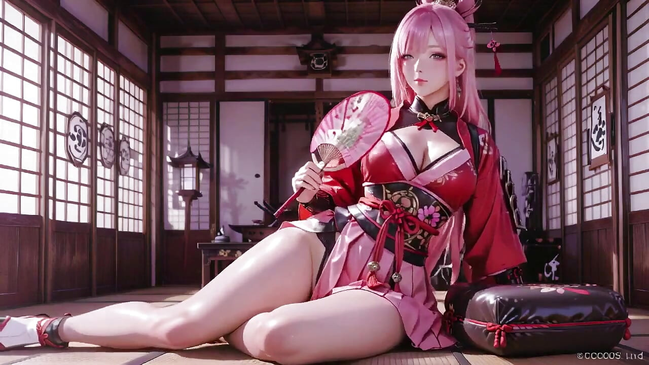 深红色武士! 粉色头发的战士跪在榻头上, 高开衩和服滑到露雪的大腿.
