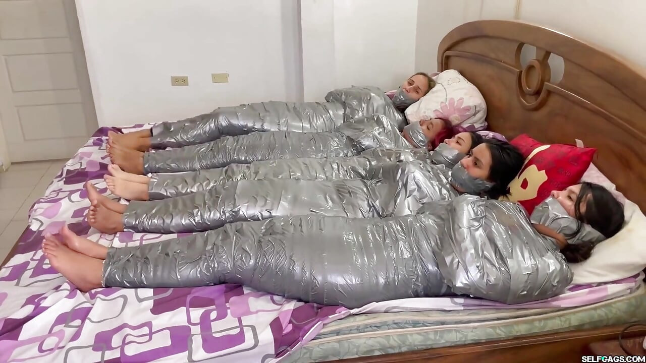 5 Mummified Girls Struggle All Wrapped up and Gagged!