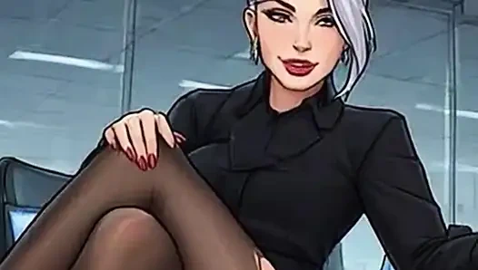 Секретарша Waifu в видео от первого лица - горячая бабуля с белыми волосами и брюнетка в офисе соблазняет крупным планом