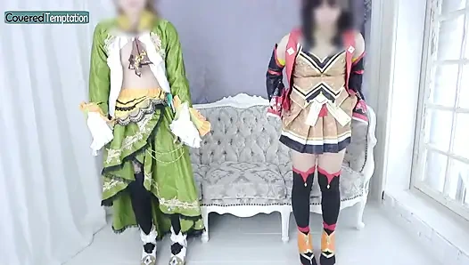 Косплей взрослой женщины, секс в тройничке с двумя партнерами в групповой сцене