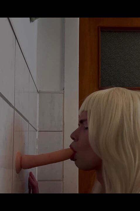 Sissy fucks dildo in bathroom