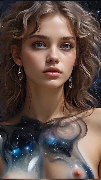 Artistic Nude of a Beautiful Young Woman with a Liquid Obsidian Body Reflecting Galaxies  Ai Fantasy Art