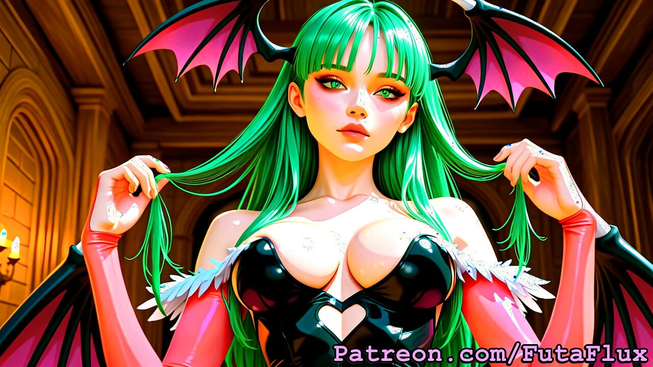 Futanari Morrigan - Masturbating, Cumshots, Selfsucking