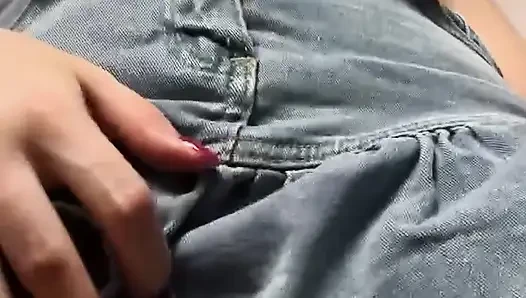 Young Blonde in Denim Skirt No Panties Close Up Wet Pussy