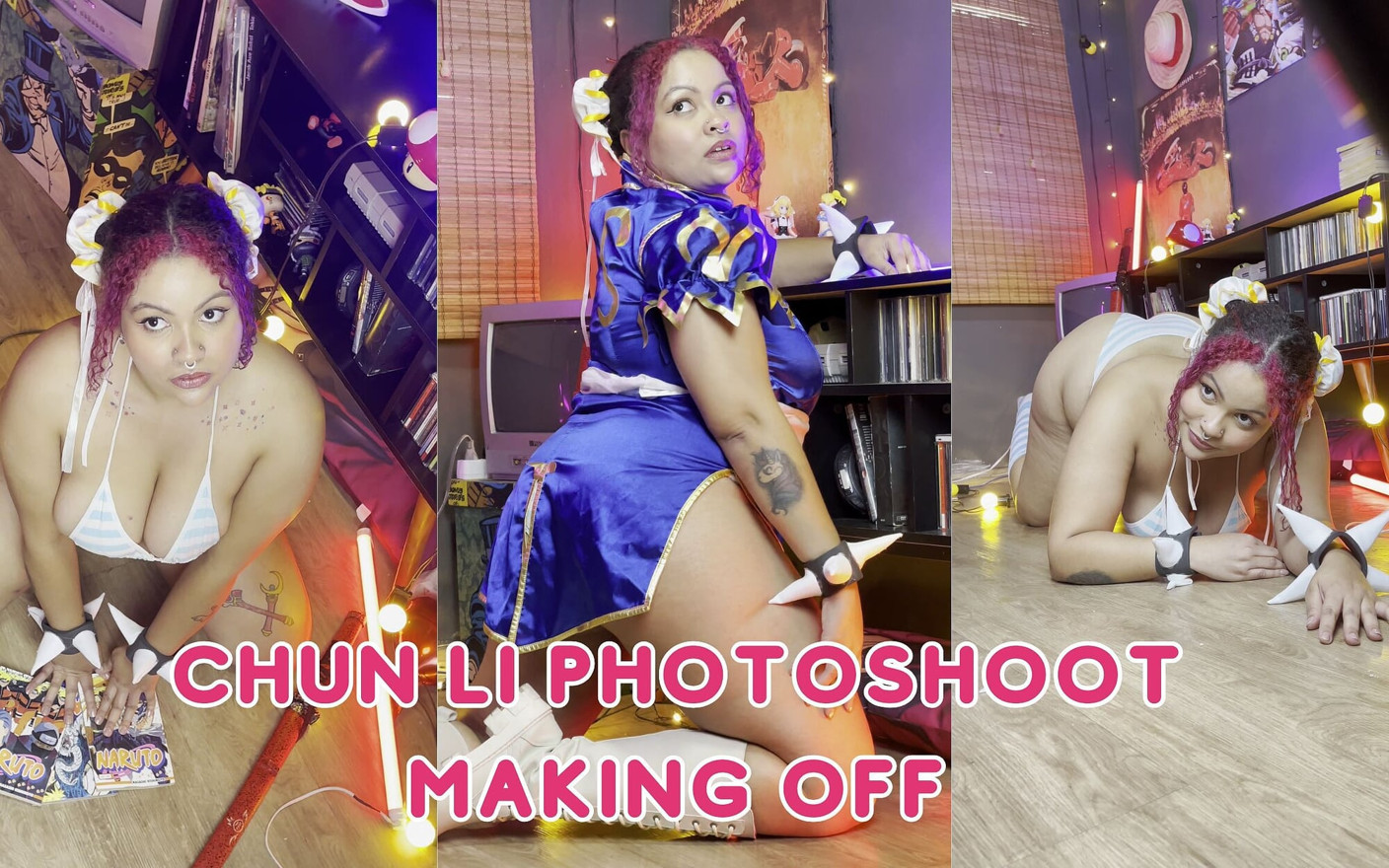 Gordita chica chun-li sesión de fotos haciendo cosplay de curvas gruesas detrás de escena