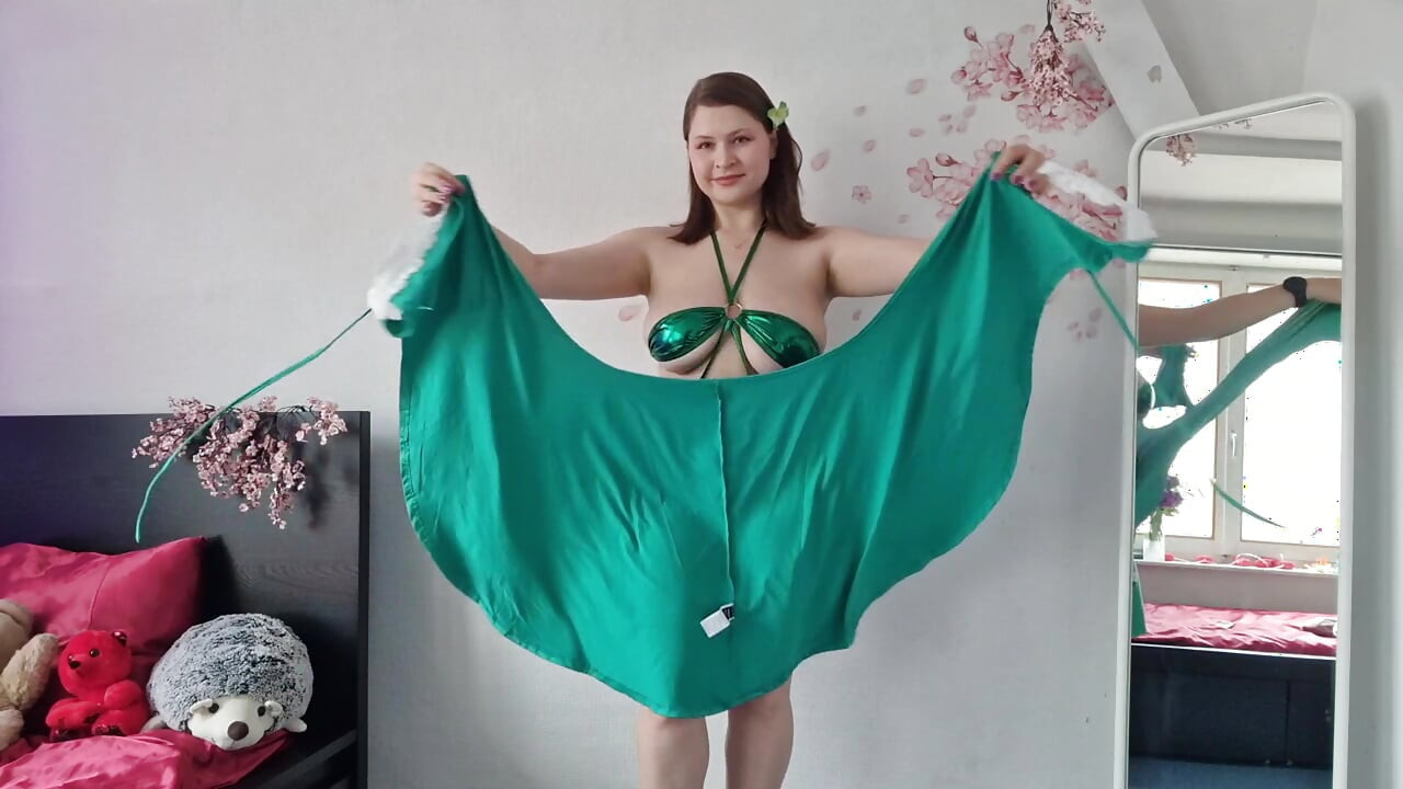 Try on Shiny Green Micro Bikini Beach Walk on Treadmill with Countdown