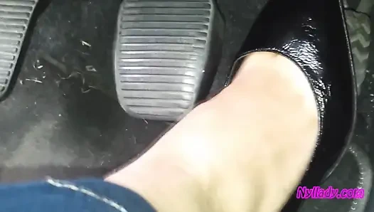Driving and Revving in Black Pumps on Bare Foot