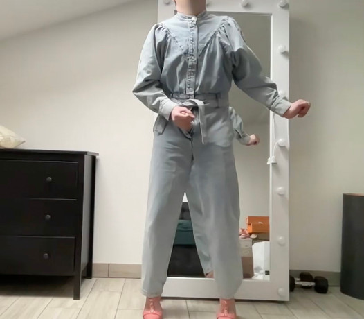 Jeans jumpsuit and high heels on sissy crossdresser slut