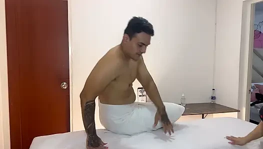 Petite Asian woman with big tits and a big ass gives a massage, with cum in her pussy - creampie