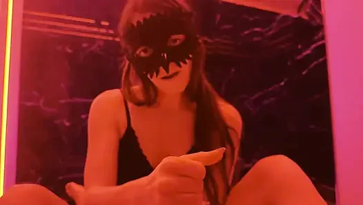 Mistress wife uses her hands and small feet to pleasure her slave and he cums all over her feet