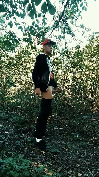 Twink Is Jerking with Used Condom Under Foreskin Outdoor