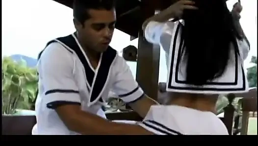 Latin beauty in sailor uniform gets an amazing fuck outdoors