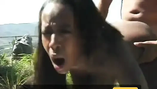 Black beauty gets her shaved cunt banged hardcore outdoors