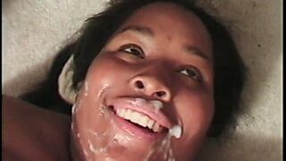 Ebony bbw gives a blowjob to a man, and her friend, too