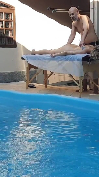 Key moment from "Massage in the pool. The therapist couldn't hold back and made her cum in his mouth."