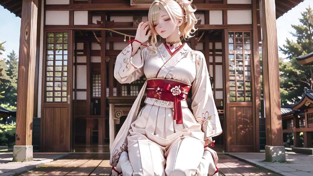 Segredo do Santuário da Menina Loira de Quimono! Ajoelhando-se sob o portão de Torii em um quimono modificado bege