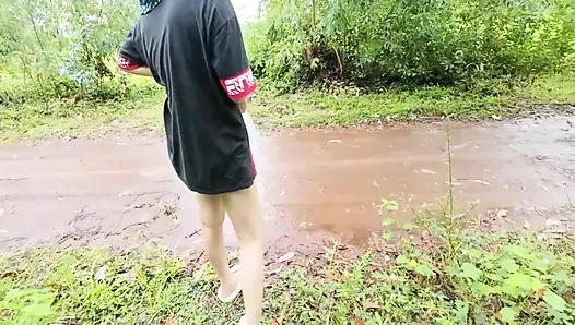 Thai Girl Walking Showing Along the Side of the Field Road in the Countryside Thai Outdoor Public