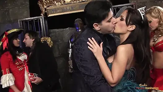 Hardcore group sex with busty babes in sexy lingerie that fuck and suck