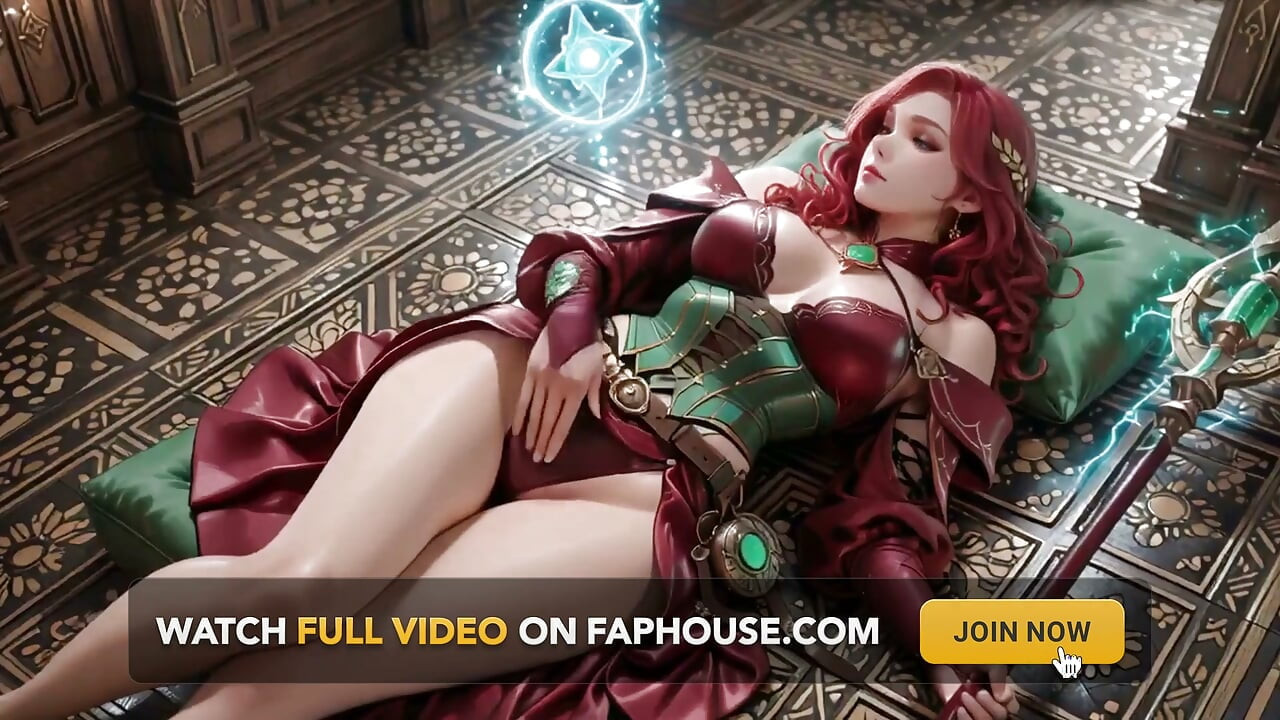 Red Haired Sorceress Awakens! Kneeling in the Gothic Cathedral, Golden Halos Surround Her as Her Skirt Lifts.