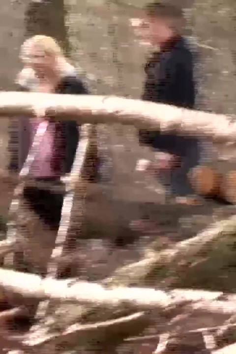 Mature blonde woman in fishnet fucked on the log