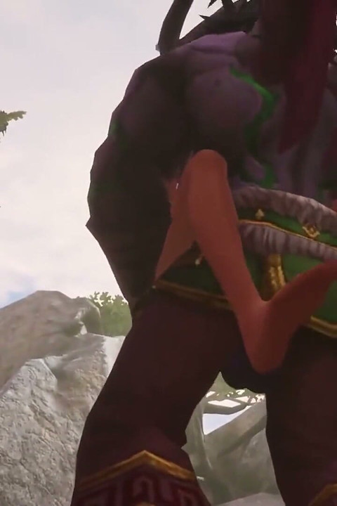 Illidan Stormrage seisoo, nostaa ja kantaa panemassa kuumaa punapäähaltiatarta - Warcraft-parodia