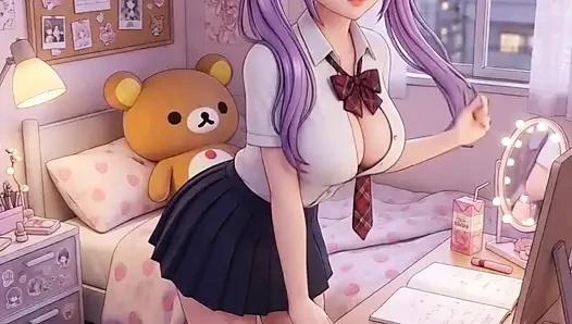 Hentai shoolgirl Cosplay mastubrates in bed, Violet hair