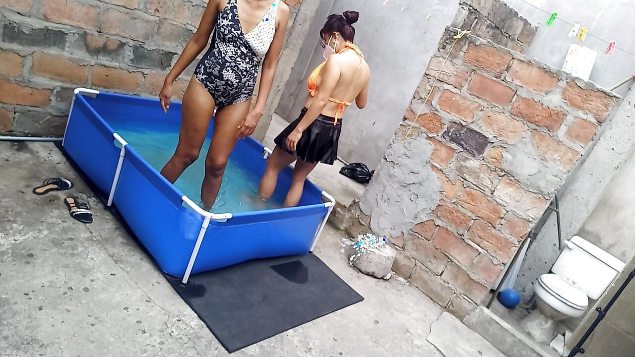 My neighbor is in the pool wearing a very tempting and sexy bikini. She's hot.