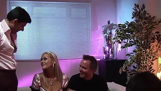 Milf in sexy uniform seduces to fuck three guys at the same time
