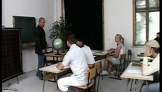 Tiny German teen doll fucked in hard threesome in the classroom