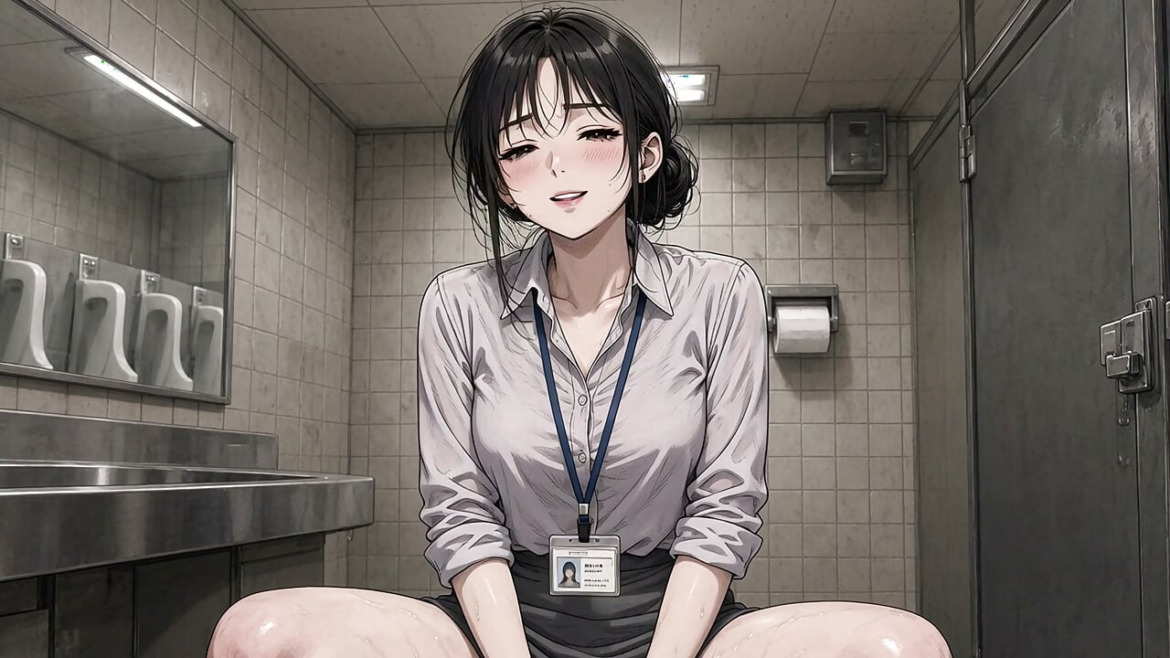 Office ladies wearing narrow shirts and skirts squat and pee all over the floor in the public men's and women's restrooms