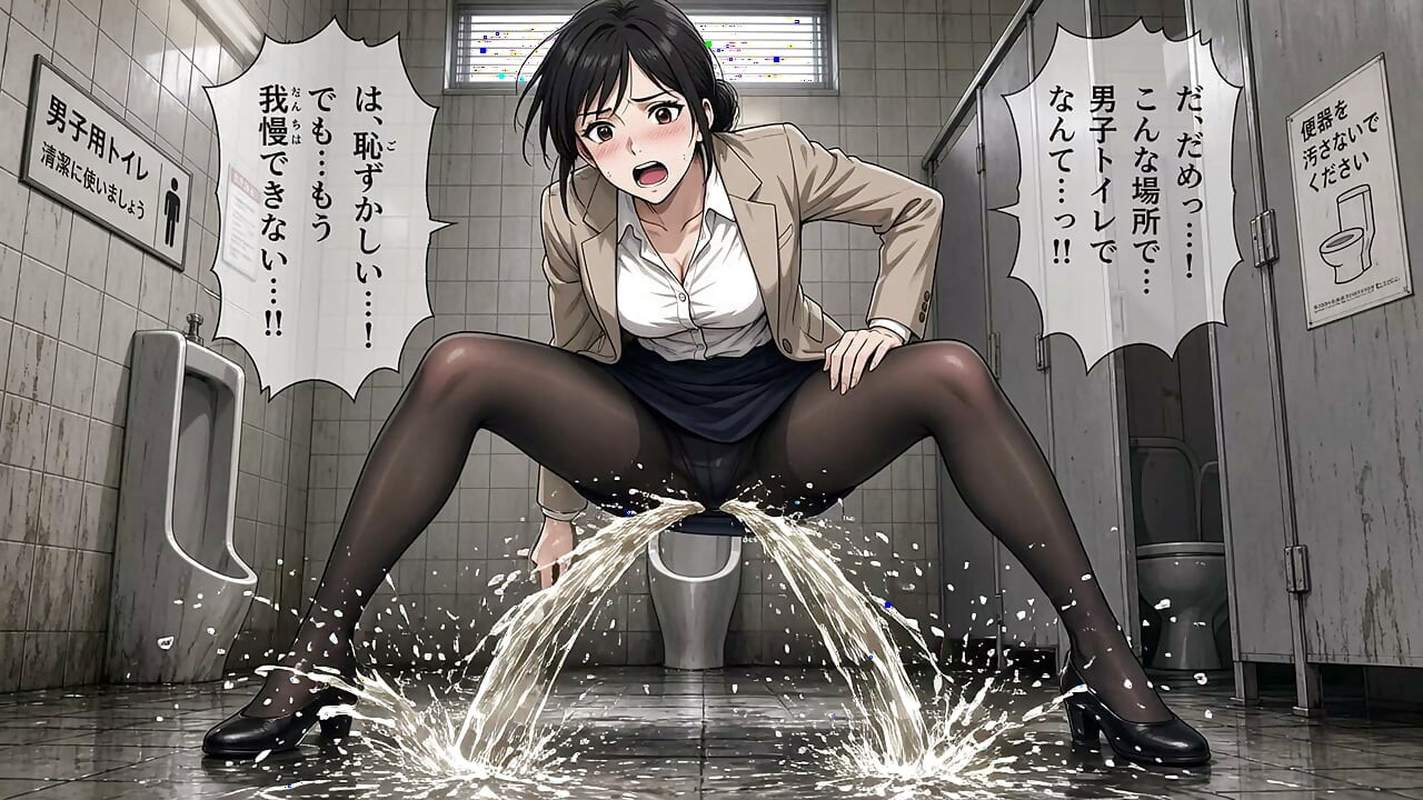 A young Japanese woman urinating in a men's restroom and on the street