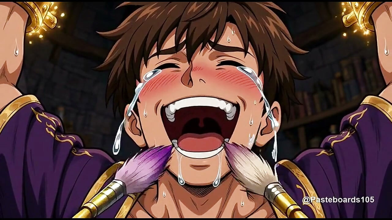 Bundet i troldmandens studerekammer - Fortryllede pensler på hans ribben og mave (2D anime)