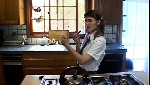 Hot young brunette takes a load on her glasses after getting ass fucked