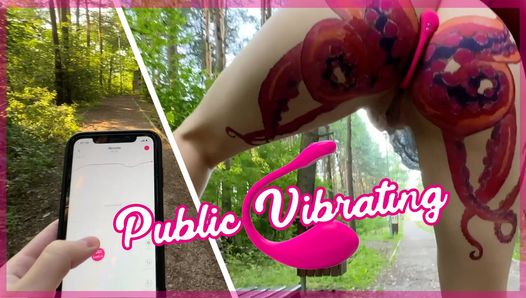 Public dare - stepsister walks around naked outdoors in park and plays with remote control vibrator in her pussy