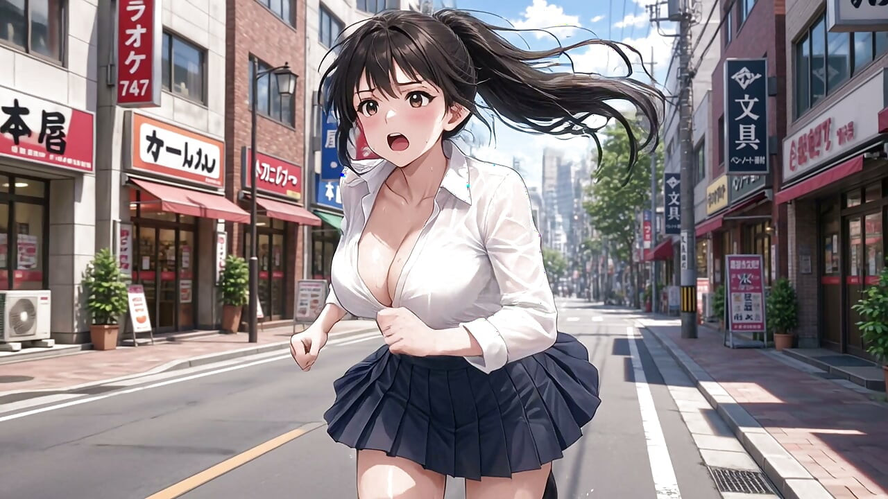 沿着熙熙攘攘的街道奔跑，衣服下暴露着她那对巨乳
