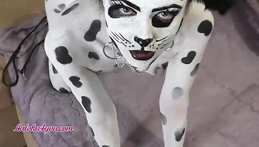Beautiful girl in Dalmatian costume playfully rides Cavalier's big dick