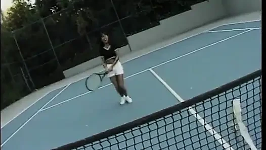 Horny stud bangs two sexy babes hard in the tennis court