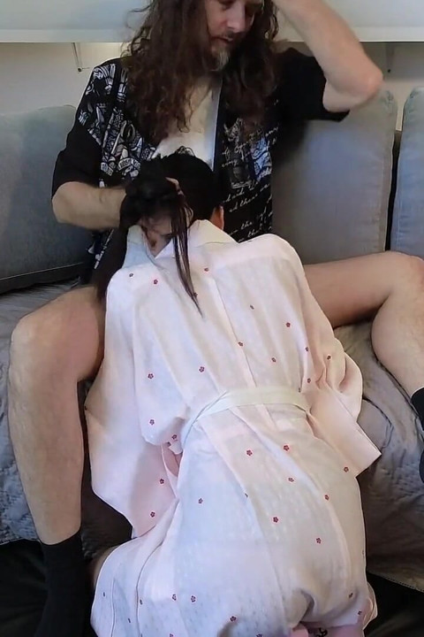 Young Asian Babe in a Pink Kimono Rides Stepdad's Dick and Makes Him Cum