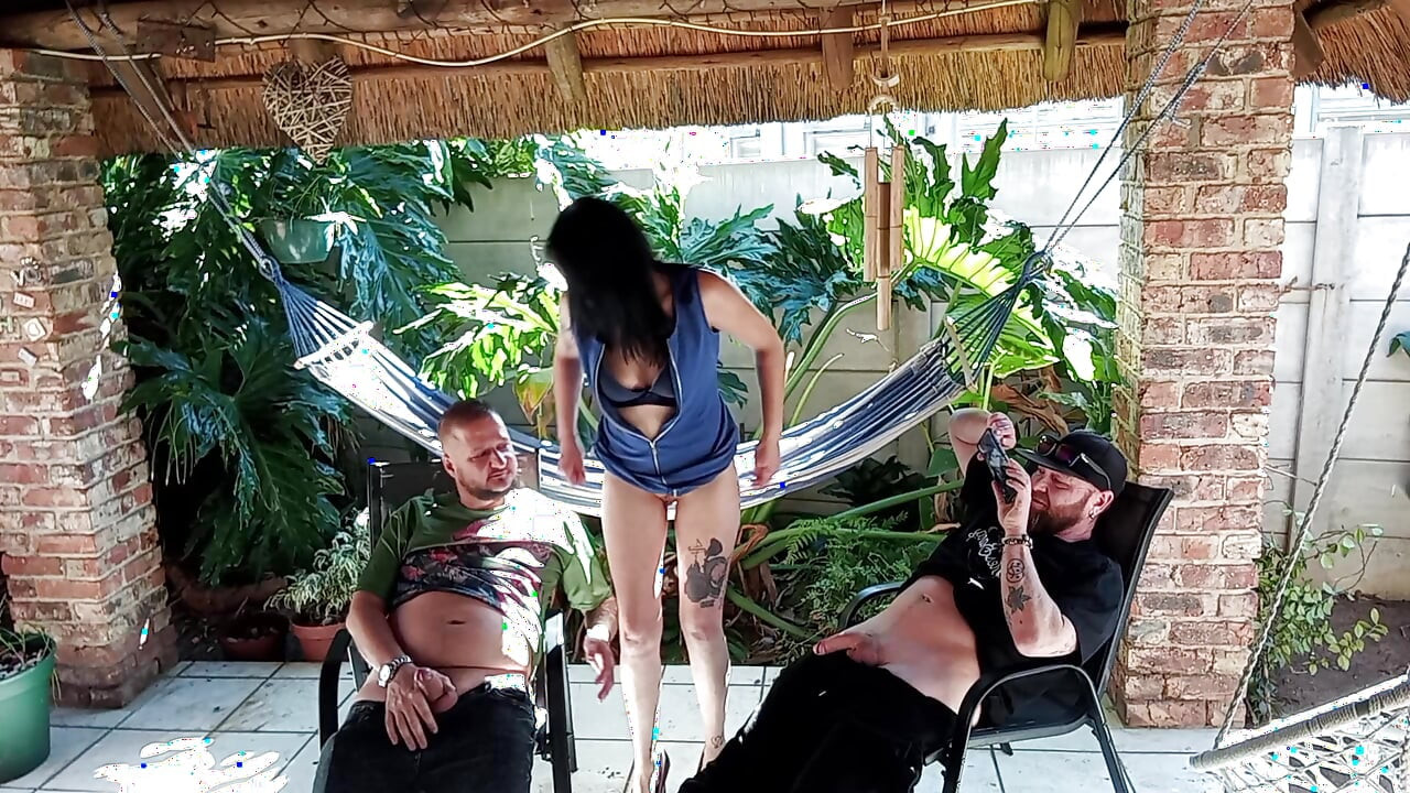 Hot girl playing with two old man's cocksb
