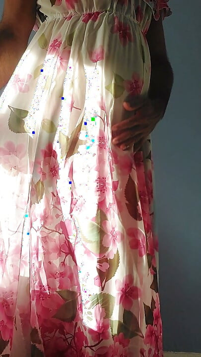 Shemale masterbate and cum in a silky seethrough Chiffon Fleared floral frock