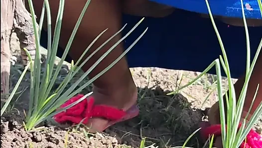 Heiße stiefmutter ging in einem kleid ohne höschen in den garten und nachbarin filmte