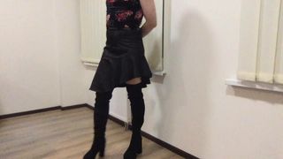 Satin skirt, overknee boots. Young sissy crossdresser