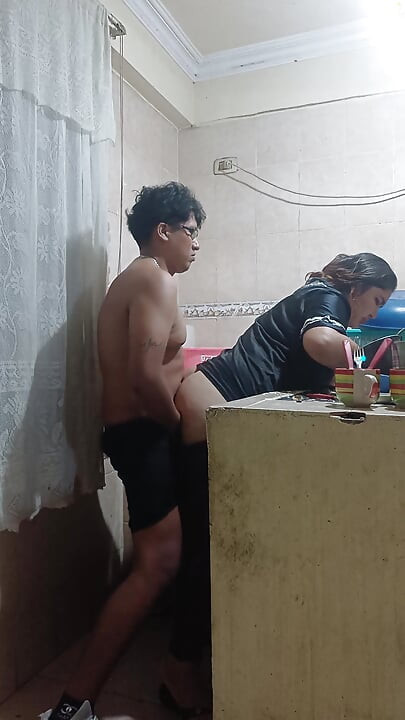 Maid fucked by her boss, almost discovered by her wife