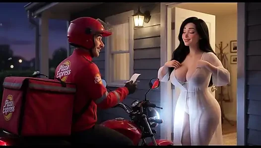 Curvy Woman In Translucent White Outfit Talks To Pizza Delivery Guy At Her Front Door At Night (AI generated)