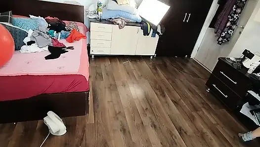 Amateur wife enjoys trying on clothes and cutting them.